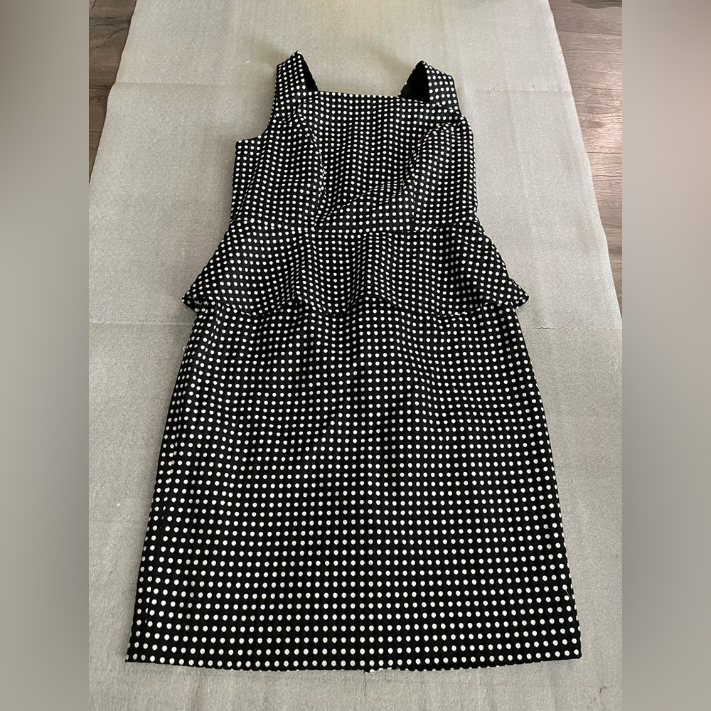 [Us10] Anne Klein Dress Women’s Peplum Pencil Square Neck Black Polka Dots Retro